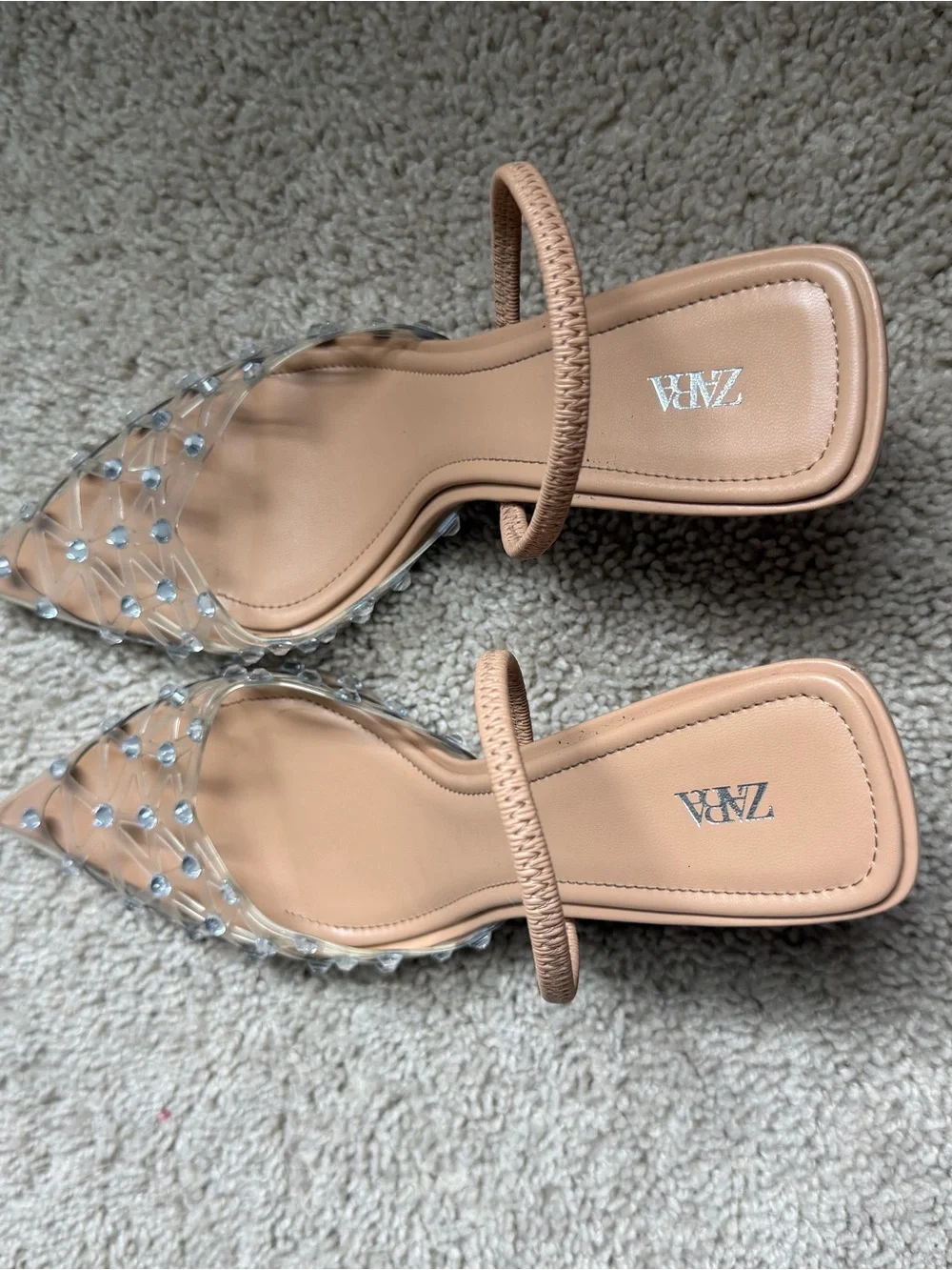 ZARA RHINESTONE HEELED SLINGBACKS BEIGE